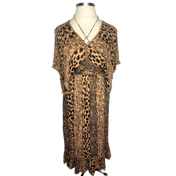 Anthropologie L Animal Print Kaftan Maxi Dress Flowy Coverup Elastic Waist Brown - Picture 2 of 9